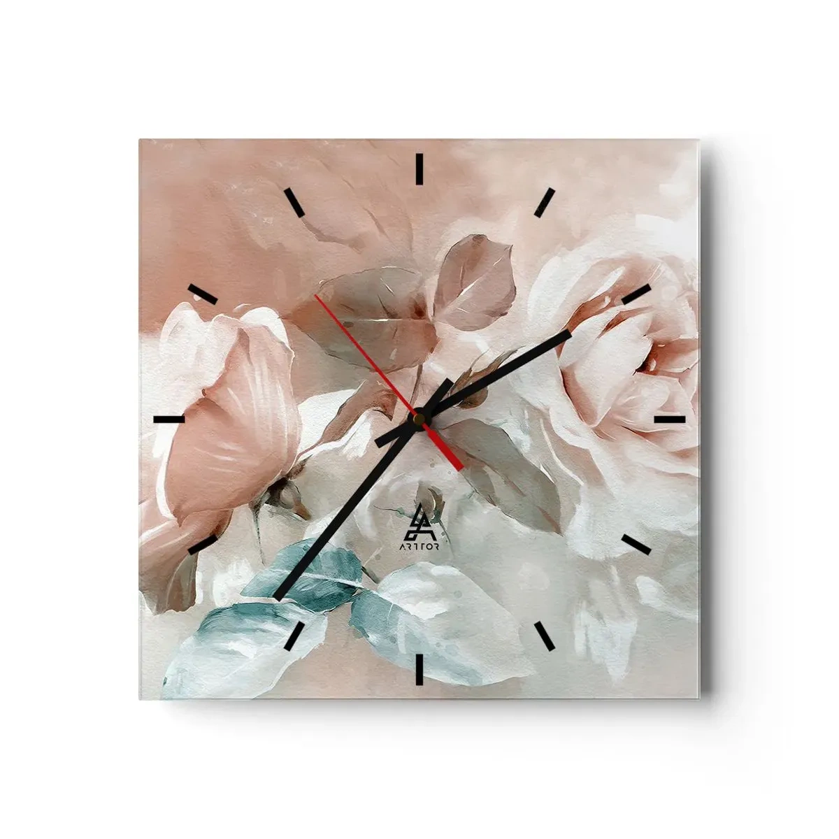 Orologio da parete - Orologio in Vetro - Delicate rose in tonalità pastello su uno sfondo chiaro - 30x30cm - Lo spirito del romanticismo - Decorazione murale moderna per soggiorno e camera da letto ARTTOR