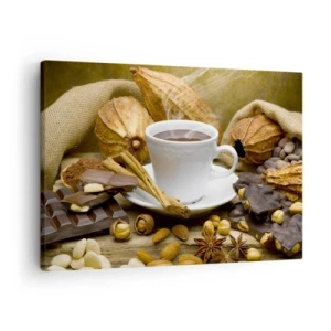Quadro su tela - Stampe su Tela - Una tazza di cioccolata calda circondata da cacao e cannella - 70x50cm - Per i cercatori di emozioni - Decorazione murale moderna per soggiorno e camera da letto ARTTOR