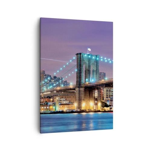 Quadro su tela - Stampe su Tela - Ponte di Brooklyn di notte con la città illuminata sullo sfondo - 50x70cm - Da tanti anni il ponte di Brooklyn - Decorazione murale moderna per soggiorno e camera da letto ARTTOR