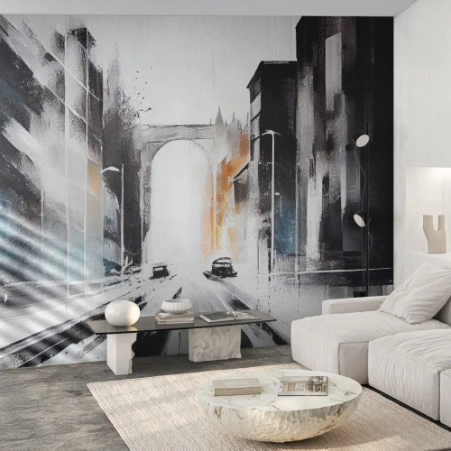 Fotomurali Premium Canvas - Panorama astratto della città con un ponte ad arco - 100x70cm - Studio di città: architettura e movimento - Decorazione murale moderna per soggiorno e camera da letto ARTTOR