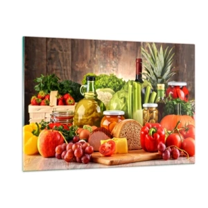Quadro su vetro - Verdure colorate, frutta, pane e conserve su uno sfondo di legno - 120x80cm - Affumicati, arrostiti, marinati - Decorazione murale moderna per soggiorno e camera da letto ARTTOR
