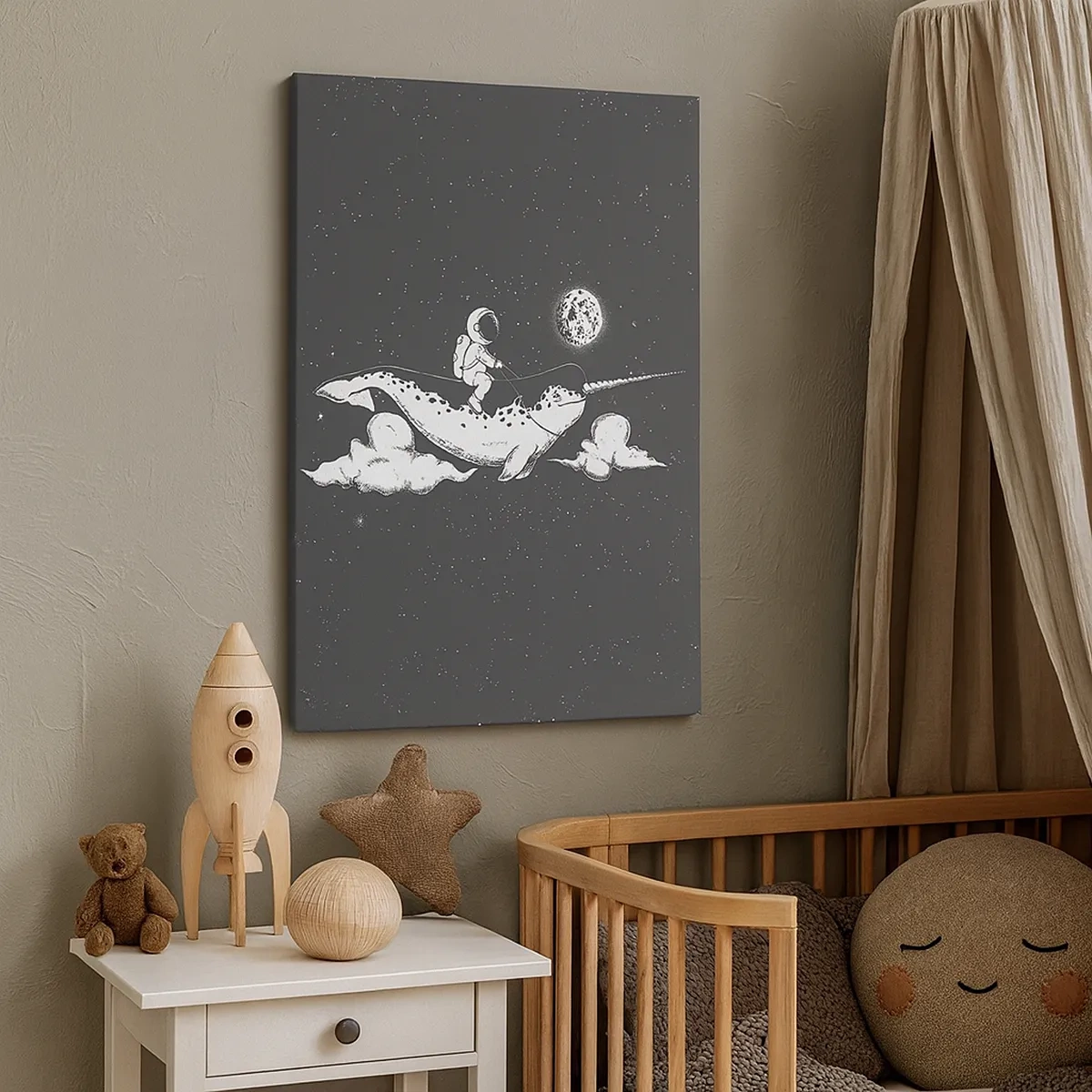 Quadro su tela - Stampe su Tela - Un astronauta sul dorso di un narvalo che fluttua in una scena spaziale. - 50x70cm - Il cavaliere dello spazio - Decorazione murale moderna per soggiorno e camera da letto ARTTOR