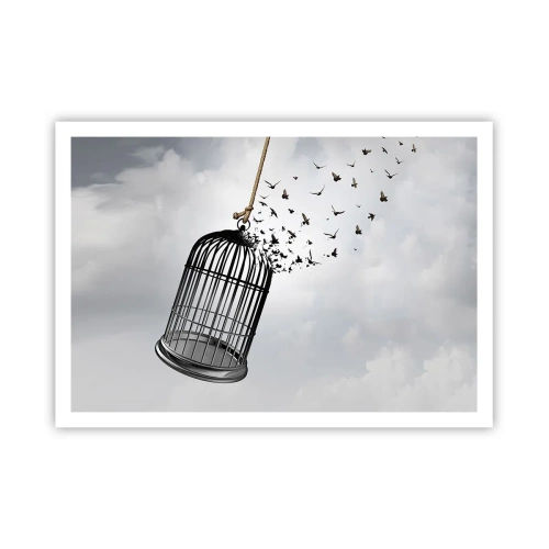 Poster - Uccelli che volano fuori da una gabbia contro il cielo - 100x70cm - Fede... Speranza... Libertà! - Decorazione murale moderna per soggiorno e camera da letto ARTTOR