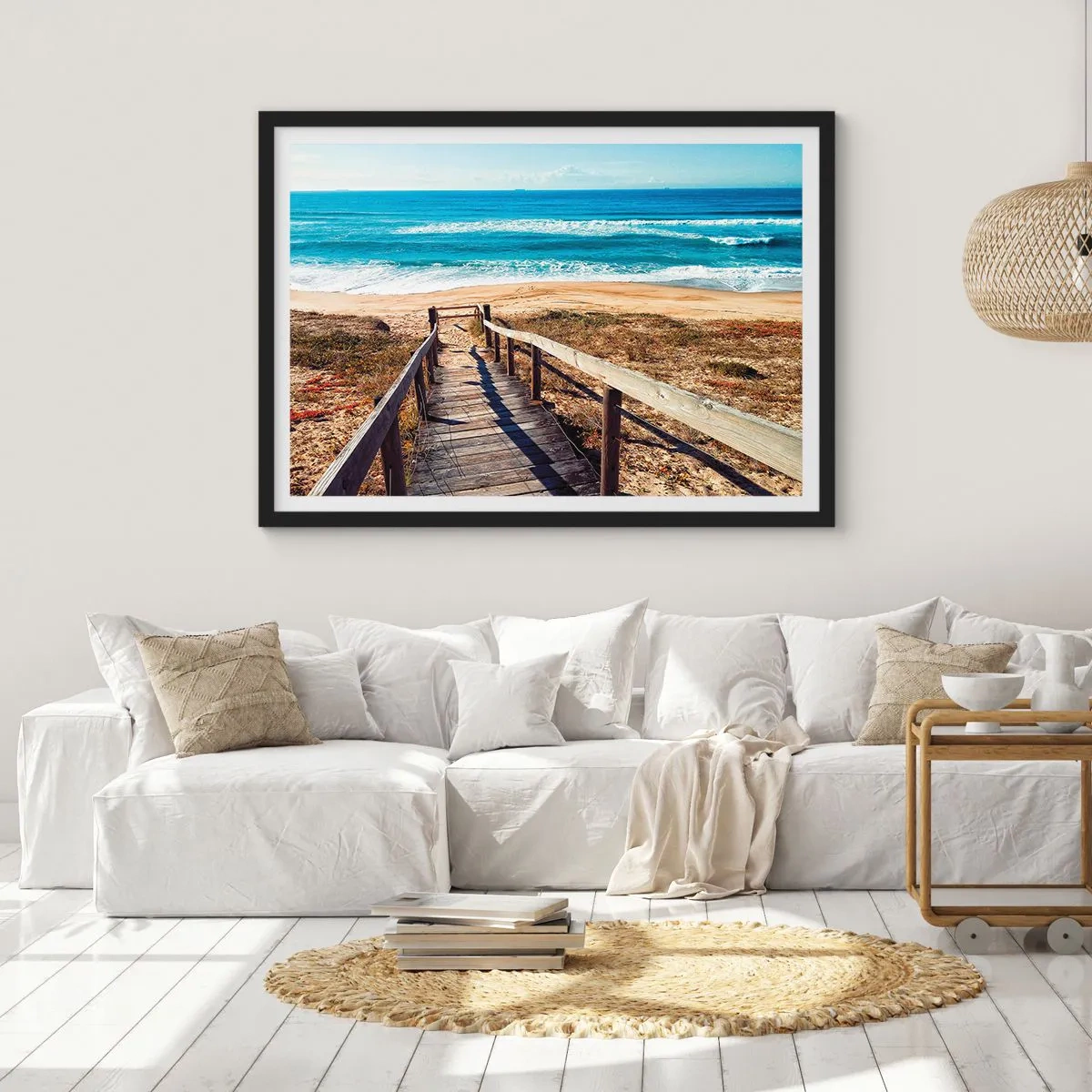 Poster in cornice nera - Sentiero in legno che conduce alla spiaggia - 70x50cm - Corri! - Decorazione murale moderna per soggiorno e camera da letto ARTTOR