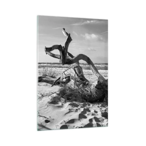 Quadro su vetro - Paesaggio in bianco e nero con un albero morto sulla spiaggia - 70x100cm - Scolpito dal mare - Decorazione murale moderna per soggiorno e camera da letto ARTTOR