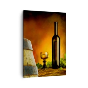 Quadro su tela - Stampe su Tela - Uva su una botte di vino con uno schema di colori caldi sullo sfondo - 50x70cm - Natura morta con bottiglia di vino e acini d'uva - Decorazione murale moderna per soggiorno e camera da letto ARTTOR