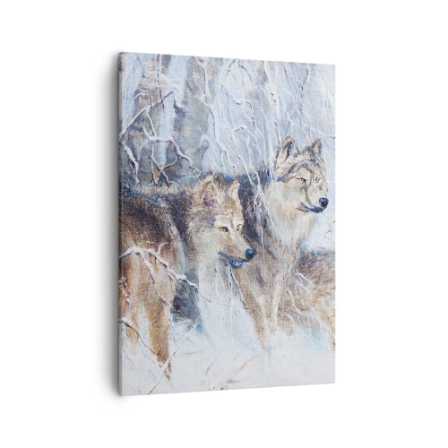Quadro su tela - Stampe su Tela - Lupi in una foresta invernale contro uno sfondo innevato - 50x70cm - Attenzione! In arrivo... - Decorazione murale moderna per soggiorno e camera da letto ARTTOR