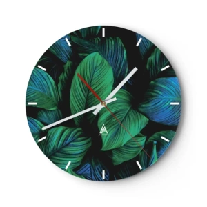 Orologio da parete - Orologio in Vetro - Foglie verde scuro e blu in una composizione densa - 30x30cm - Nella folla verde - Decorazione murale moderna per soggiorno, cucina e camera da letto ARTTOR