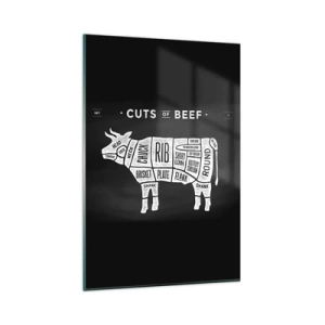 Quadro su vetro - Diagramma dei tagli di carne bovina su sfondo nero - 80x120cm - Il sillabario del macellaio - Decorazione murale moderna per soggiorno e camera da letto ARTTOR