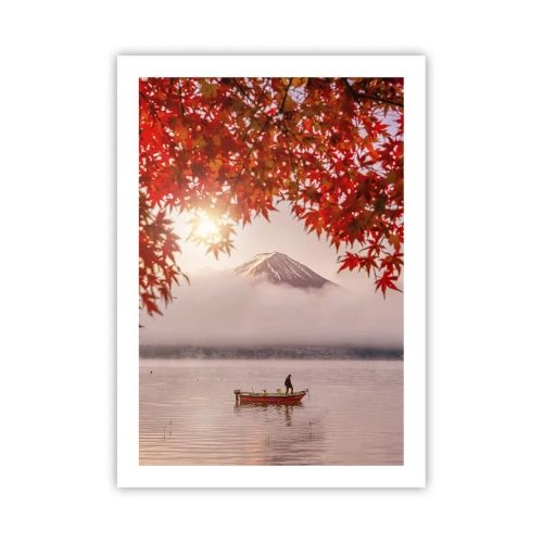 Poster - Monte Fuji con una barca su un lago e foglie autunnali - 50x70cm - Nell'atmosfera del Giappone - Decorazione murale moderna per soggiorno e camera da letto ARTTOR