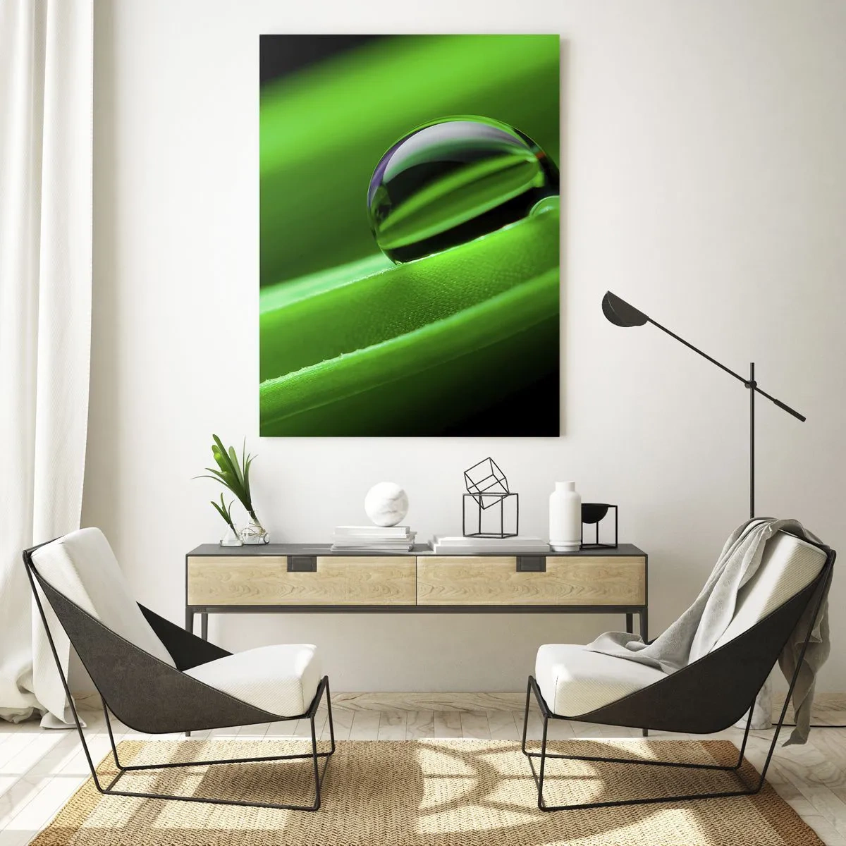 Quadro su vetro - Una goccia di rugiada su una foglia verde - 50x70cm - La vita da vicino - Decorazione murale moderna per soggiorno e camera da letto ARTTOR