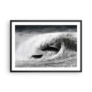 Poster in cornice nera - Onda oceanica spettacolare in monocromia - 70x50cm - La furia dell'oceano - Decorazione murale moderna per soggiorno e camera da letto ARTTOR