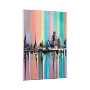 Quadro su vetro - Paesaggio urbano colorato con riflessi sull'acqua - 80x120cm - Fluttuare alle luci della notte - Decorazione murale moderna per soggiorno e camera da letto ARTTOR