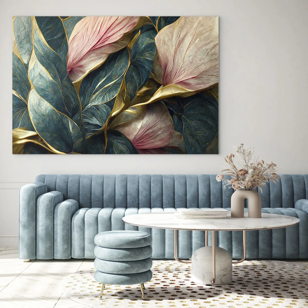 Quadro su vetro - Foglie verdi e rosa con accenti dorati - 120x80cm - Stile ed eleganza naturali - Decorazione murale moderna per soggiorno e camera da letto ARTTOR