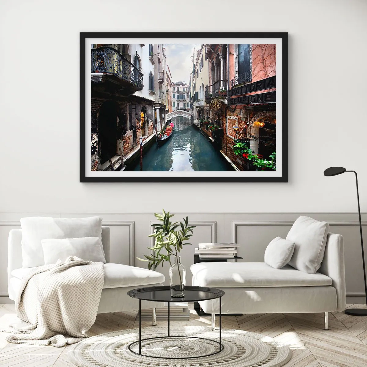 Poster in cornice nera - Paesaggio veneziano con gondola e ponte - 40x30 cm