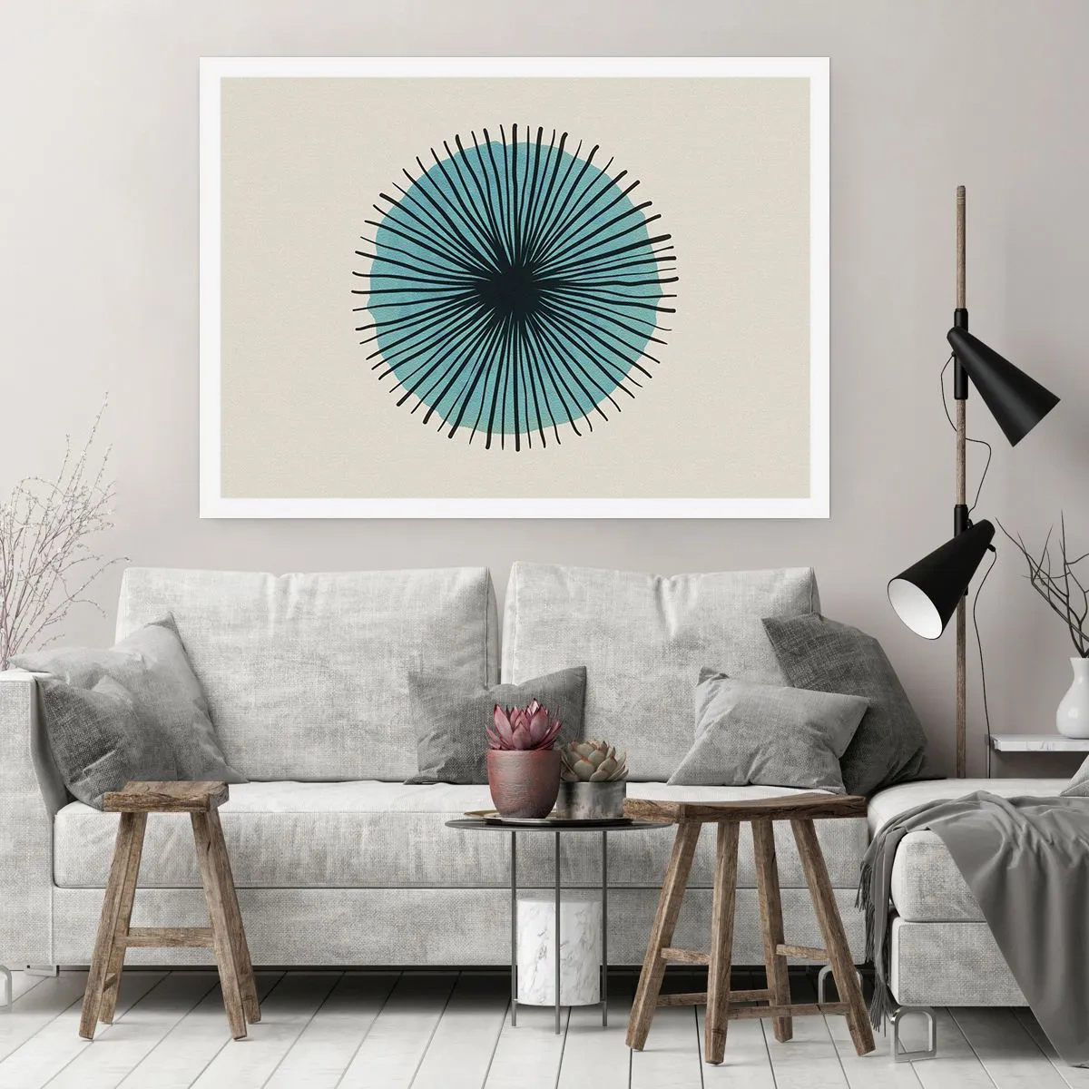 Poster - Forma circolare astratta con raggi blu - 100x70cm - Radiosamente nel blu - Decorazione murale moderna per soggiorno e camera da letto ARTTOR