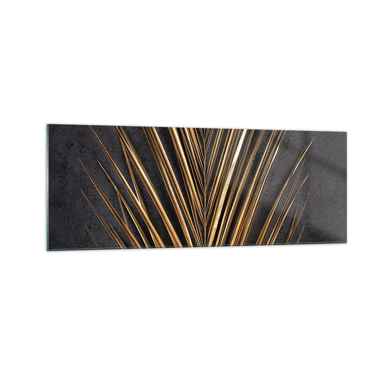 Quadro su vetro - Foglia tropicale dorata su sfondo nero - 140x50cm - L'oro dei tropici - Decorazione murale moderna per soggiorno e camera da letto ARTTOR