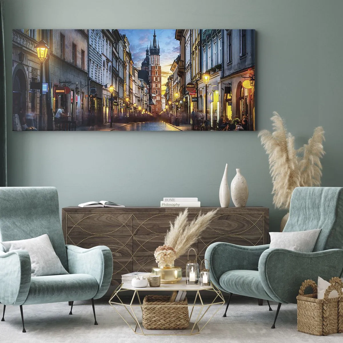 Quadro su tela - Stampe su Tela - Strada serale con vista sulla Cattedrale di Cracovia - 140x50cm - La magia di Cracovia - Decorazione murale moderna per soggiorno e camera da letto ARTTOR