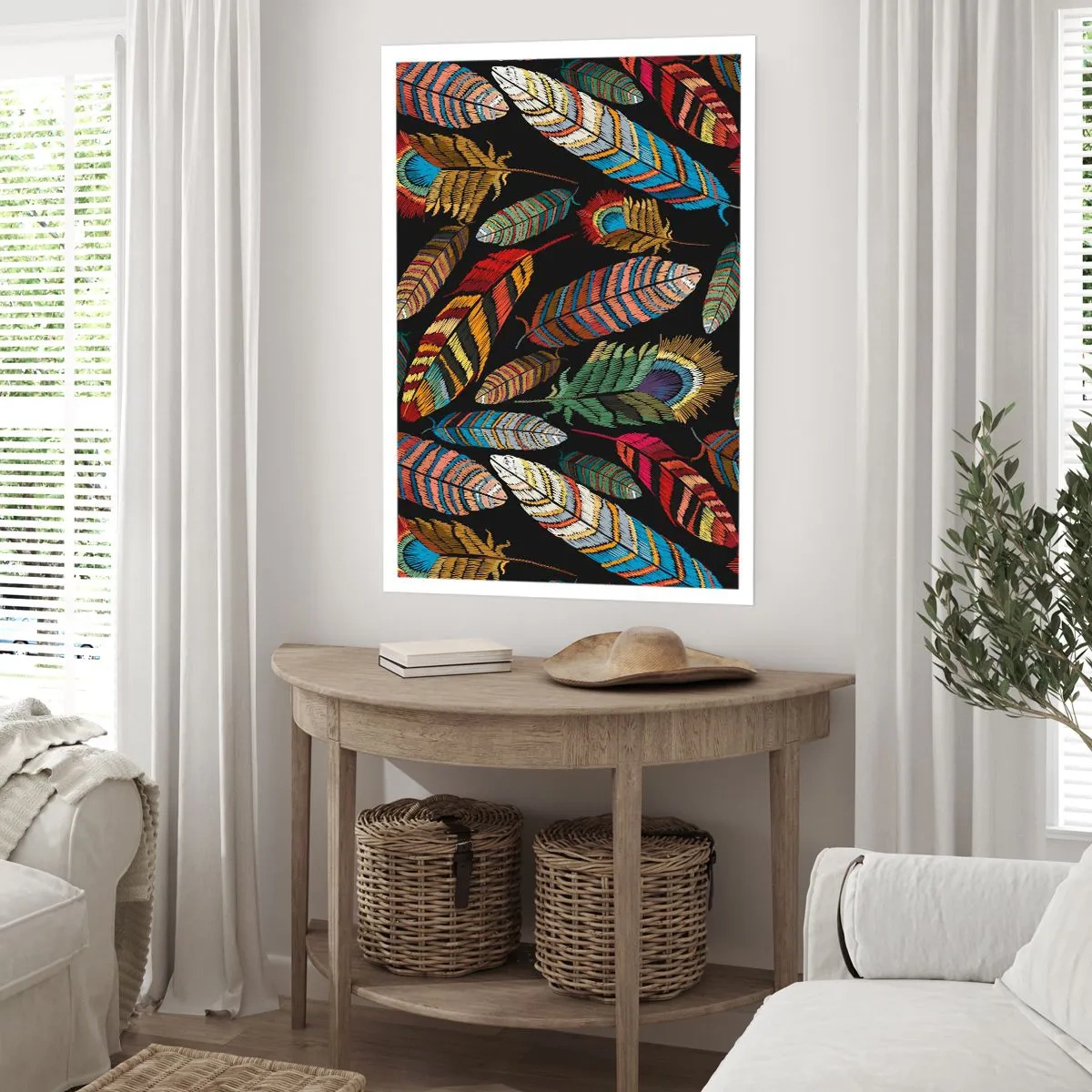 Poster - Piume colorate su sfondo nero - 50x70cm - Il carnevale degli uccelli - Decorazione murale moderna per soggiorno e camera da letto ARTTOR