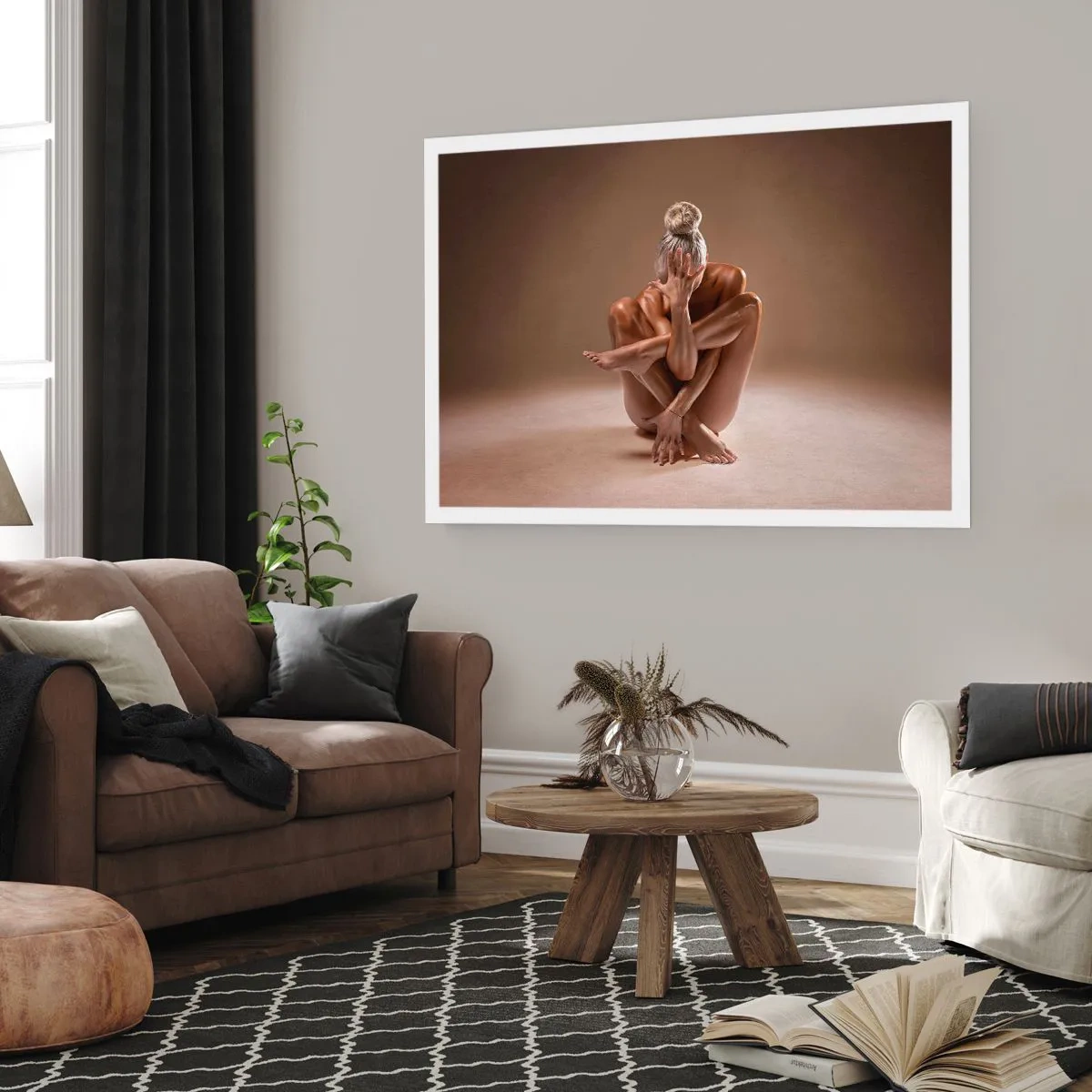 Poster - Silhouette artistica di una donna su sfondo beige - 100x70cm - Unità di corpo e anima - Decorazione murale moderna per soggiorno e camera da letto ARTTOR