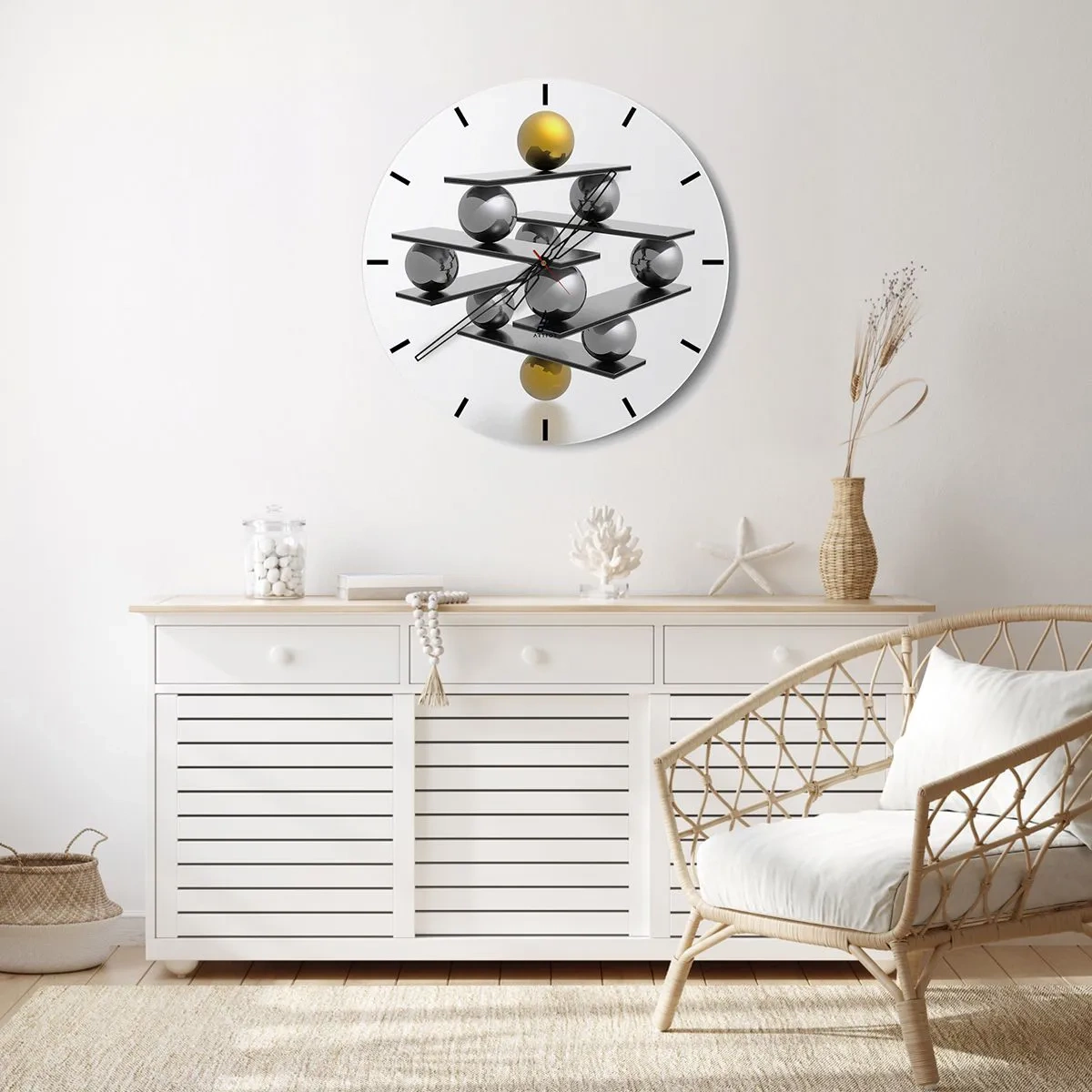 Orologio da parete - Orologio in Vetro - Una moderna composizione di palline d'oro e d'argento su uno sfondo bianco - 30x30cm - Equilibrio oro e argento - Decorazione murale moderna per soggiorno, cucina e camera da letto ARTTOR