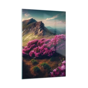 Quadro su vetro - Paesaggio montano estivo con erica rosa in fiore - 50x70cm - L'estate sui monti - Decorazione murale moderna per soggiorno e camera da letto ARTTOR