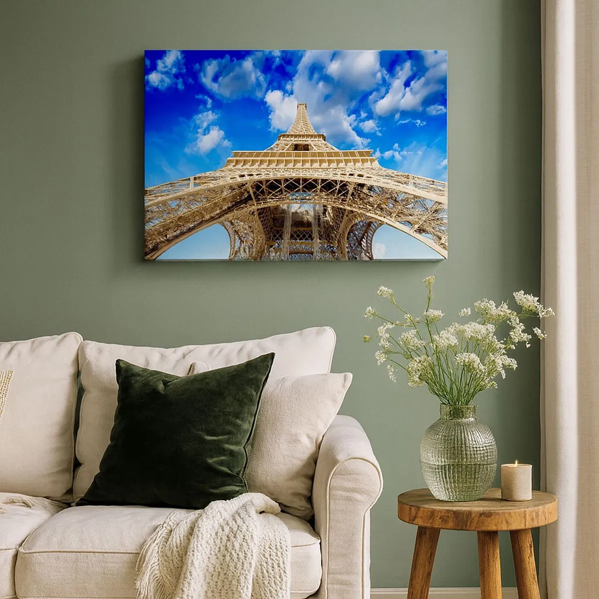 Quadro su tela - Stampe su Tela - La Torre Eiffel dal basso contro un cielo blu - 70x50cm - Toccare il cielo e le nuvole - Decorazione murale moderna per soggiorno e camera da letto ARTTOR