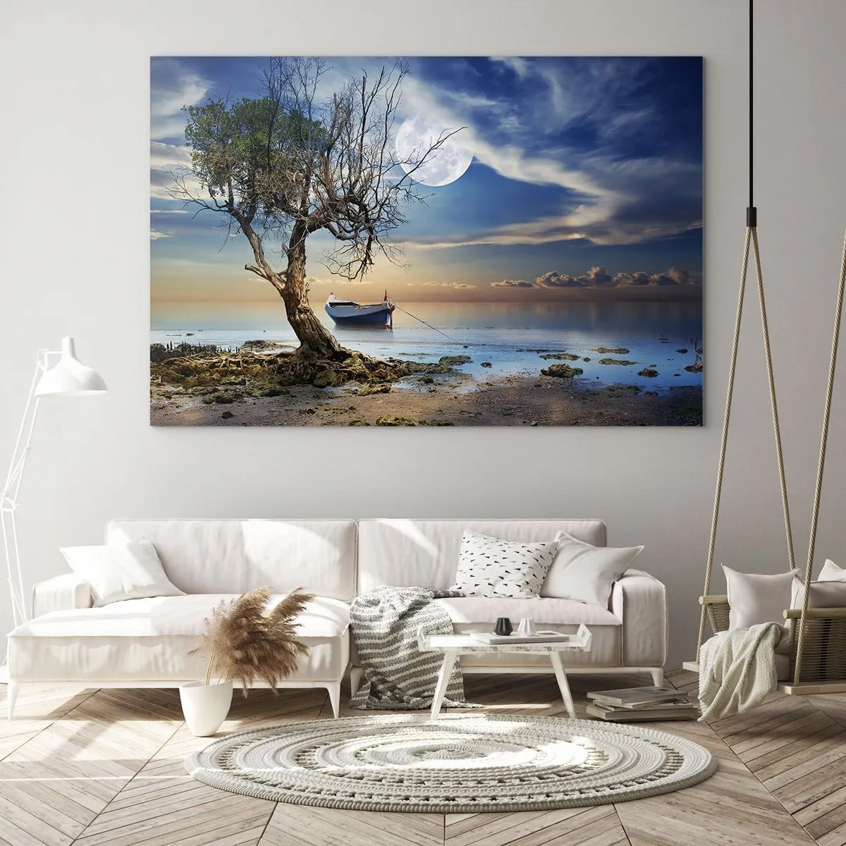 Quadro su vetro - Una barca solitaria vicino a un albero con la luna sullo sfondo - 100x70cm - È la fine o l'inizio? - Decorazione murale moderna per soggiorno e camera da letto ARTTOR