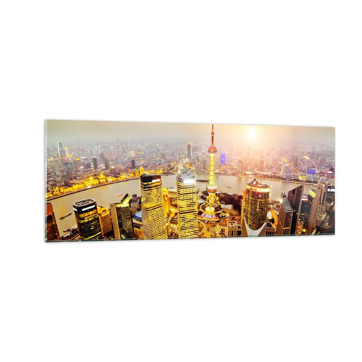 Quadro su vetro - Panorama della città con grattacieli al tramonto - 140x50cm - Sogno asiatico - Decorazione murale moderna per soggiorno e camera da letto ARTTOR