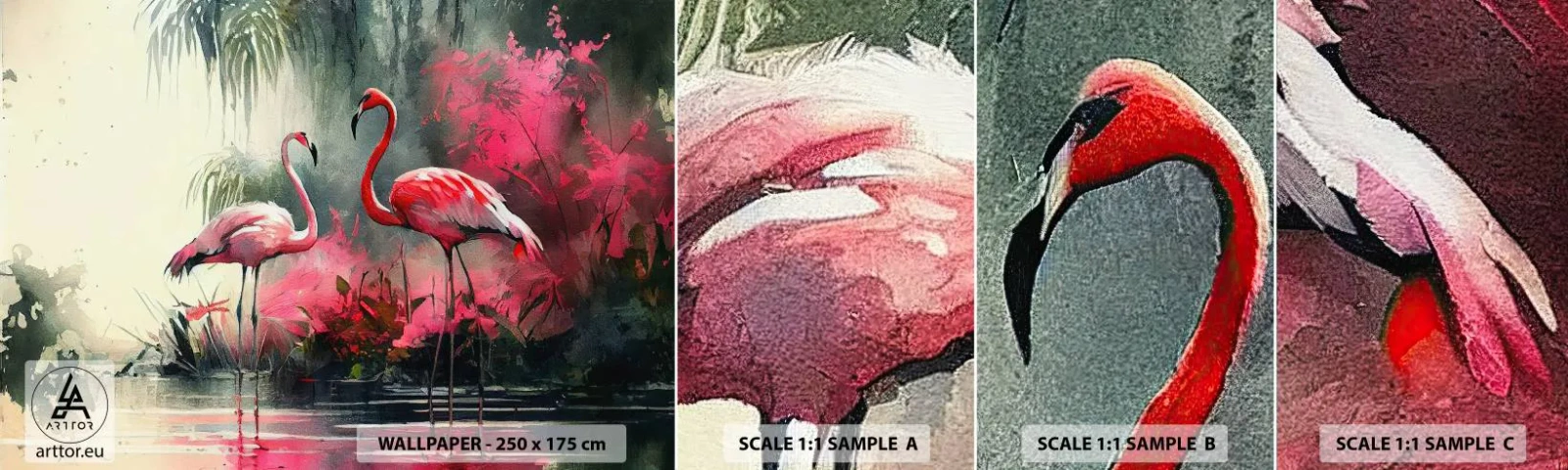 Campione Di Fotomurale Standard Eco - Lezione di naturale eleganza - Fenicotteri, Pezzo, Paesaggio - 100x30 cm