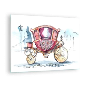 Quadro su vetro - Un'elegante carrozza in stile acquerello su uno sfondo di strada - 70x50cm - Al matrimonio o al ballo? - Decorazione murale moderna per soggiorno e camera da letto ARTTOR