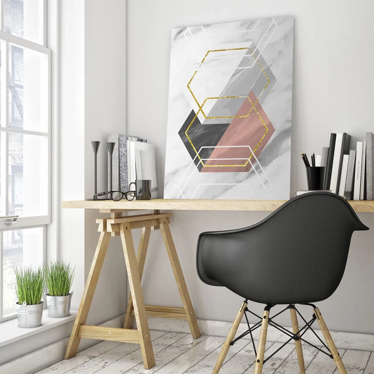 Quadro su vetro - Figure geometriche con accenti in oro e marmo - 70x100cm - Composizione a catena - Decorazione murale moderna per soggiorno e camera da letto ARTTOR