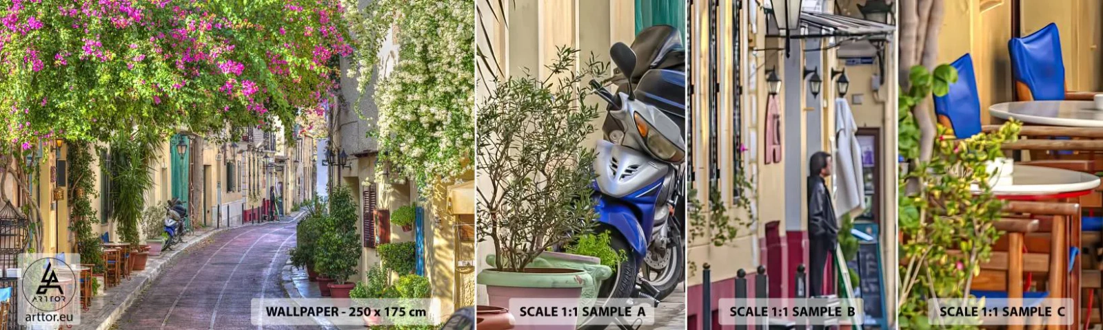 Campione Di Fotomurale Standard Eco - Angolo fiorito - Architettura, Grecia, Città - 100x30 cm