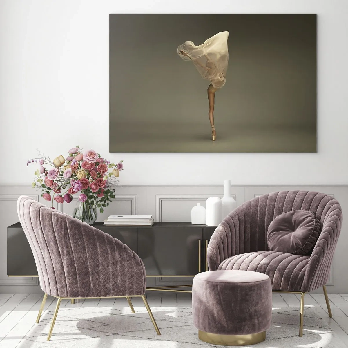 Quadro su vetro - Una ballerina in una posa delicata con il velo sollevato - 70x50cm - Adesso vola via - Decorazione murale moderna per soggiorno e camera da letto ARTTOR