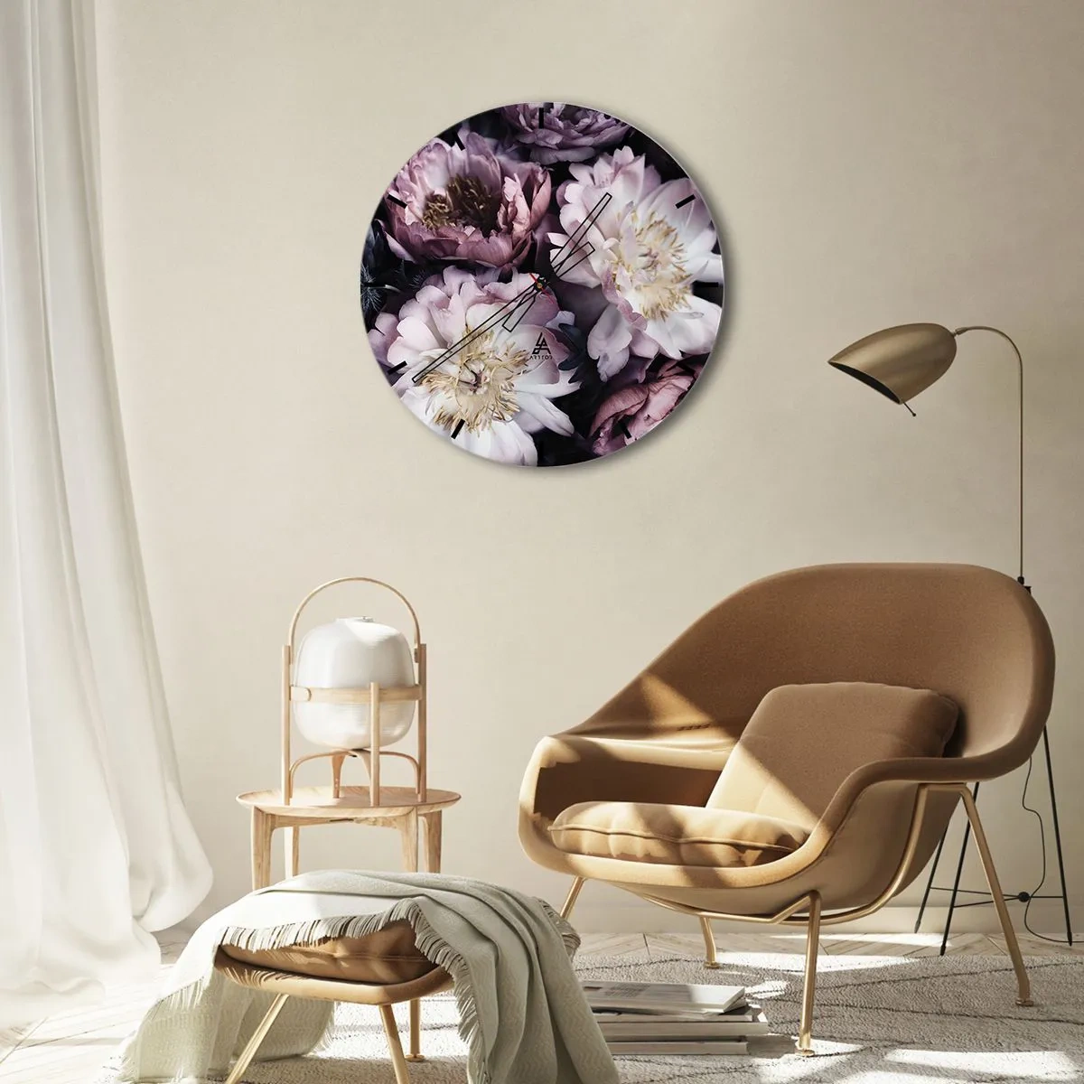 Orologio da parete - Orologio in Vetro - Peonie rosa e crema in una composizione densa e ombreggiata - 30x30cm - Bouquet nel vecchio stile - Decorazione murale moderna per soggiorno, cucina e camera da letto ARTTOR