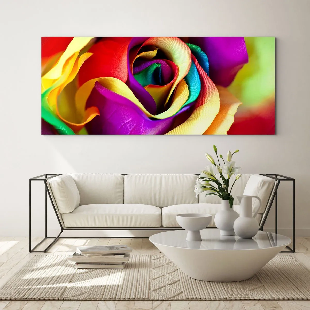 Quadro su vetro - Una rosa colorata nelle sfumature dell'arcobaleno - 160x50cm - È impossibile - Decorazione murale moderna per soggiorno e camera da letto ARTTOR