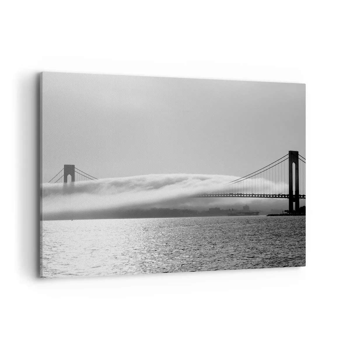 Quadro su tela - Stampe su Tela - Un ponte sull'acqua avvolto nella nebbia in uno scatto in bianco e nero - 100x70cm - Navigare attraverso la Porta d'Oro - Decorazione murale moderna per soggiorno e camera da letto ARTTOR