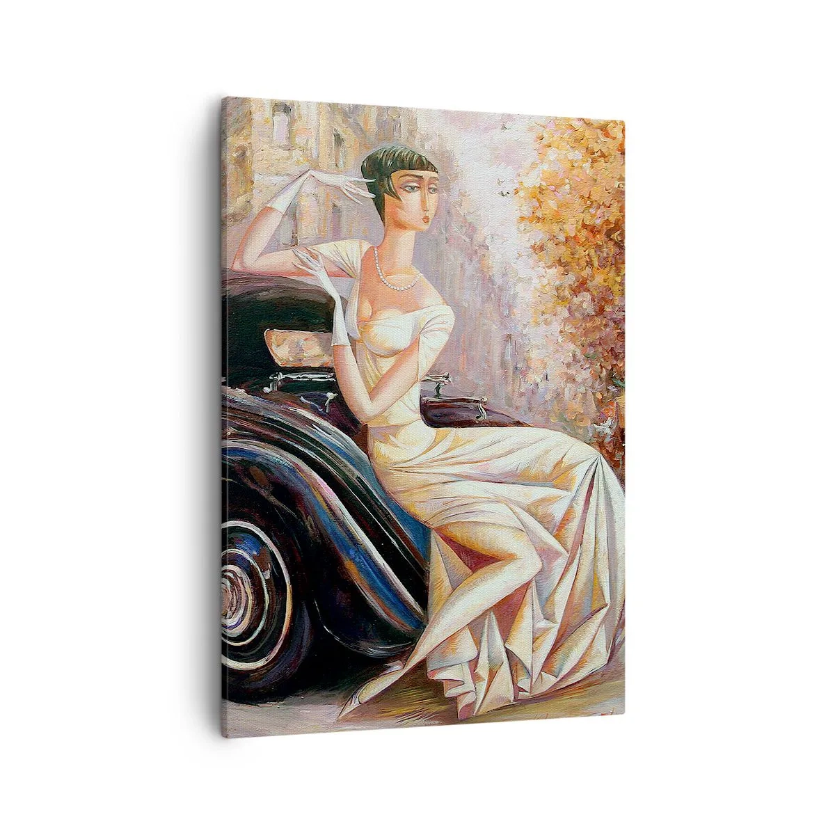 Quadro su tela - Stampe su Tela - Donna retrò accanto a un'auto d'epoca - 50x70cm - Eleganza in stile retro - Decorazione murale moderna per soggiorno e camera da letto ARTTOR