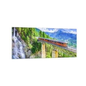 Quadro su vetro - Montagne russe su un ponte con vista su una cascata e sulle montagne - 120x50cm - Ferrovia alpina - Decorazione murale moderna per soggiorno e camera da letto ARTTOR
