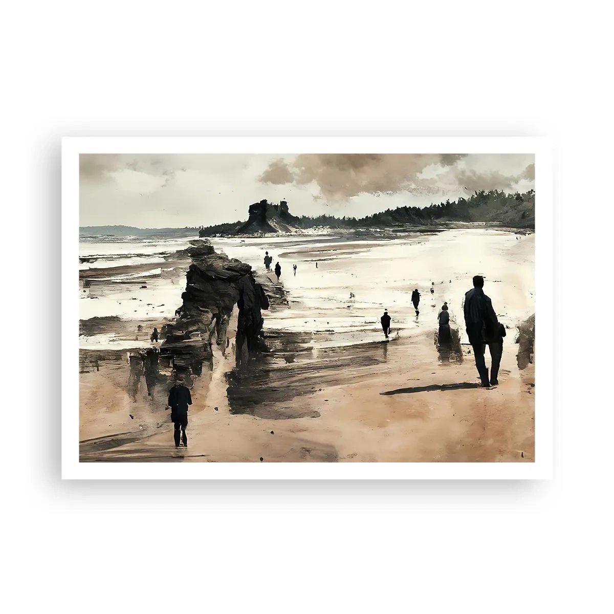 Poster - Passeggiatori sulla spiaggia in un paesaggio tranquillo - 100x70cm - Convocati - Decorazione murale moderna per soggiorno e camera da letto ARTTOR