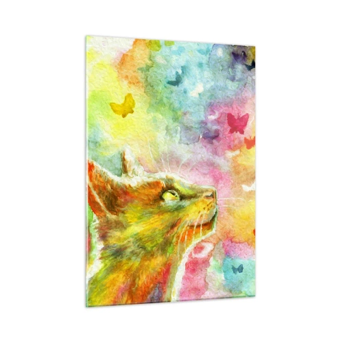Quadro su vetro - Un gatto osserva farfalle colorate su uno sfondo pastello. - 50x70cm - Storie dal paese dei gatti - Decorazione murale moderna per soggiorno e camera da letto ARTTOR