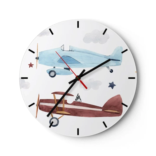 Orologio da parete - Orologio in Vetro - Illustrazione di due aerei in stile retrò su uno sfondo nuvoloso - 30x30cm - Aspettando il pilota - Decorazione murale moderna per soggiorno, cucina e camera da letto ARTTOR