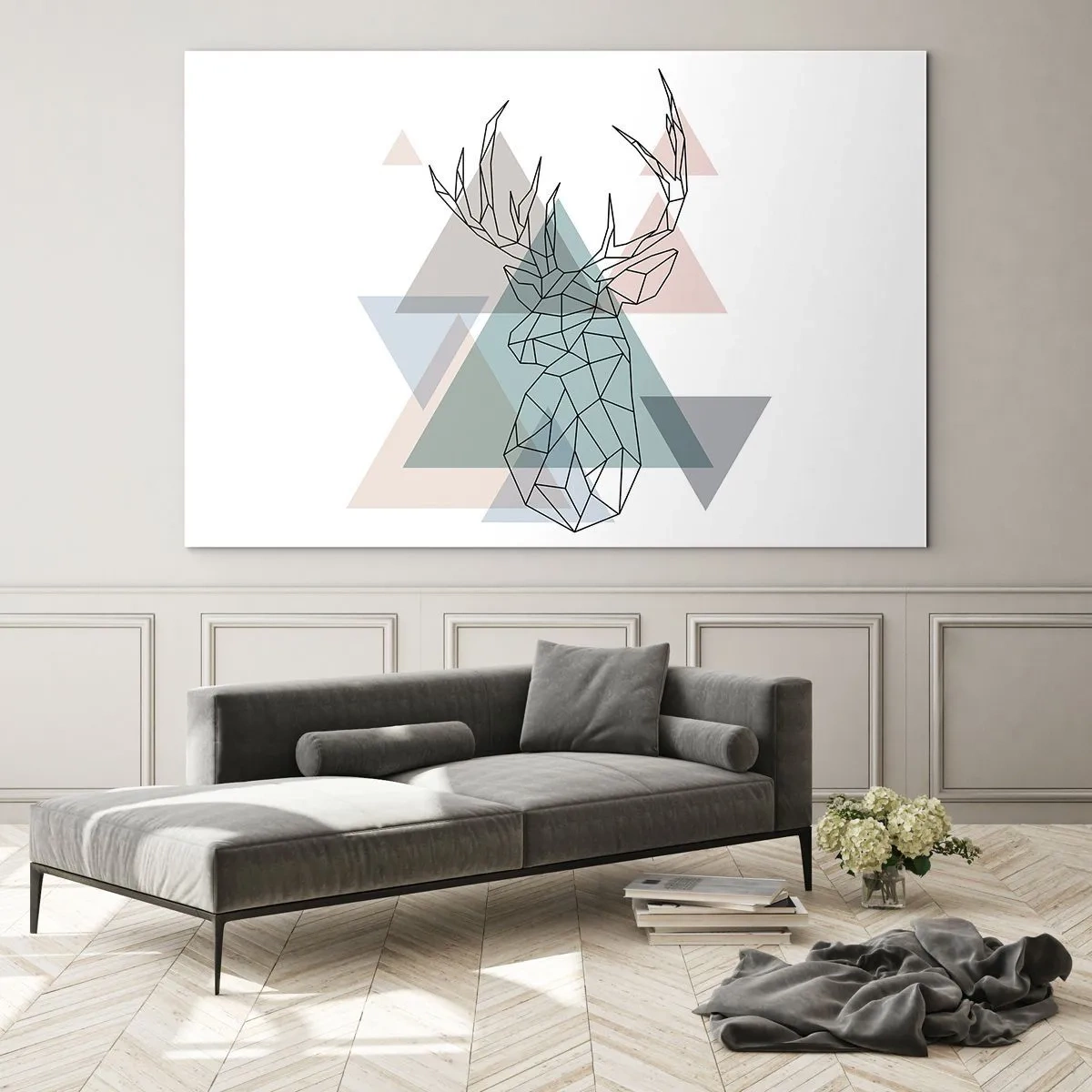 Quadro su vetro - Disegno geometrico di un cervo su uno sfondo di triangoli pastello - 70x50cm - Nel bosco geometrico - Decorazione murale moderna per soggiorno e camera da letto ARTTOR