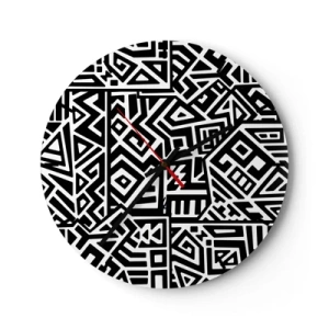 Orologio da parete - Orologio in Vetro - Composizione in bianco e nero di motivi geometrici - 30x30cm - Composizione precolombiana - Decorazione murale moderna per soggiorno, cucina e camera da letto ARTTOR
