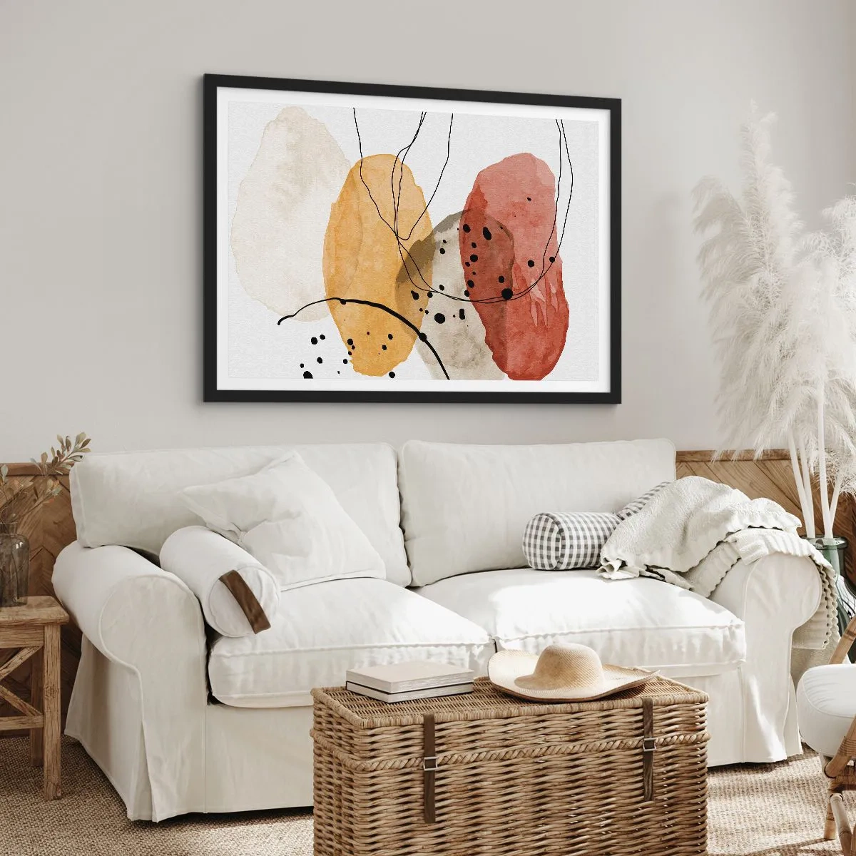 Poster in cornice nera - Macchie astratte nei toni del beige, giallo e rosso - 100x70cm - Come aria leggera e trasparente - Decorazione murale moderna per soggiorno e camera da letto ARTTOR