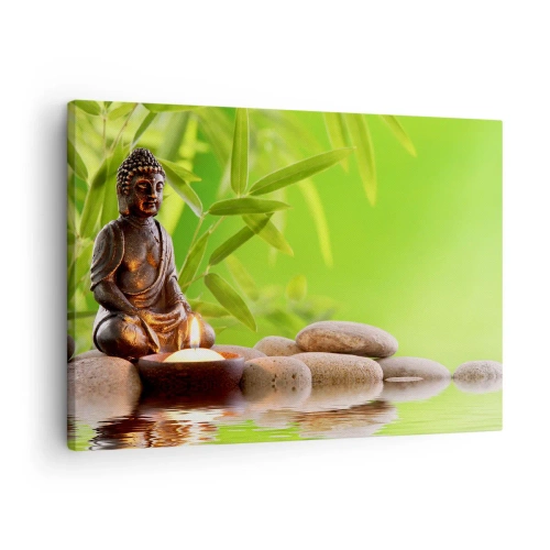 Quadro su tela - Stampe su Tela - Figura di Buddha con pietre e una candela su uno sfondo di bambù - 70x50cm - La vita è bella - Decorazione murale moderna per soggiorno e camera da letto ARTTOR
