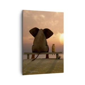 Quadro su tela - Stampe su Tela - Un elefante e un cane sono seduti su una panchina sulla spiaggia durante il tramonto. - 50x70cm - A volte bisogna tacere - Decorazione murale moderna per soggiorno e camera da letto ARTTOR