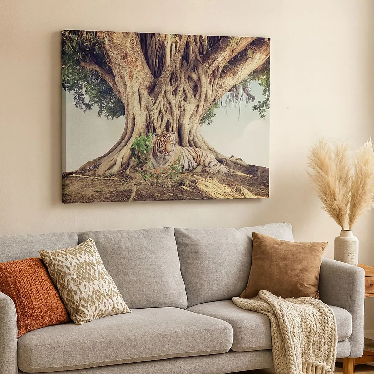 Quadro su tela - Stampe su Tela - Una tigre che riposa sotto un albero che si estende - 70x50cm - Vista dal Libro della Genesi - Decorazione murale moderna per soggiorno e camera da letto ARTTOR