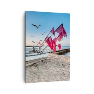 Quadro su tela - Stampe su Tela - Una barca sulla spiaggia all'alba con gabbiani e bandiere rosse - 70x100cm - Meritato riposo - Decorazione murale moderna per soggiorno e camera da letto ARTTOR