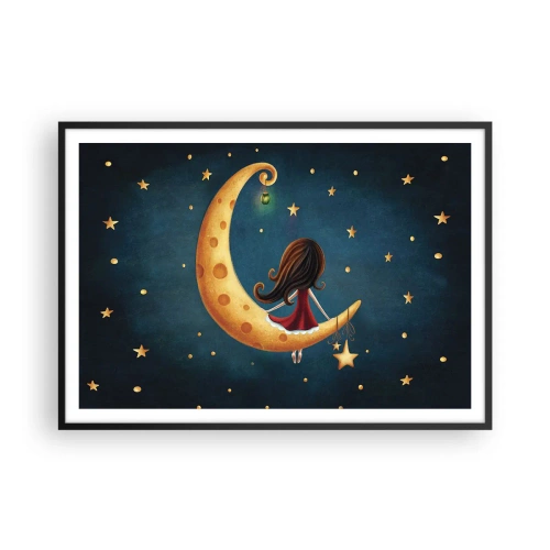 Poster in cornice nera - Una ragazza sulla luna circondata dalle stelle - 100x70cm - Una volta... - Decorazione murale moderna per soggiorno e camera da letto ARTTOR